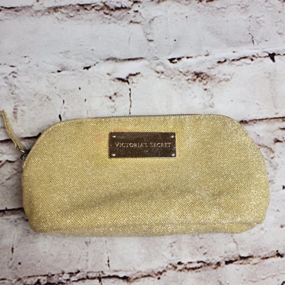 Victorias Secret Gold Sparkle Makeup Bag Travel Cosmetic Zip Bag Small Organizer